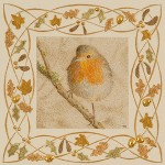 A painting of a robin surrounded by gilded leaves, copyright Toni Watts