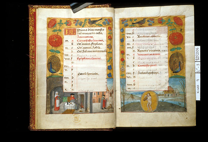 Calendar for January, with a border of a winter scene below of a man seated before a fire and out in the snow with a dog, a roundel of Aquarius, and an upper scatter border of flowers and birds.  King's 9  ff. 2v-3 Origin: Netherlands. Photo: British Library 