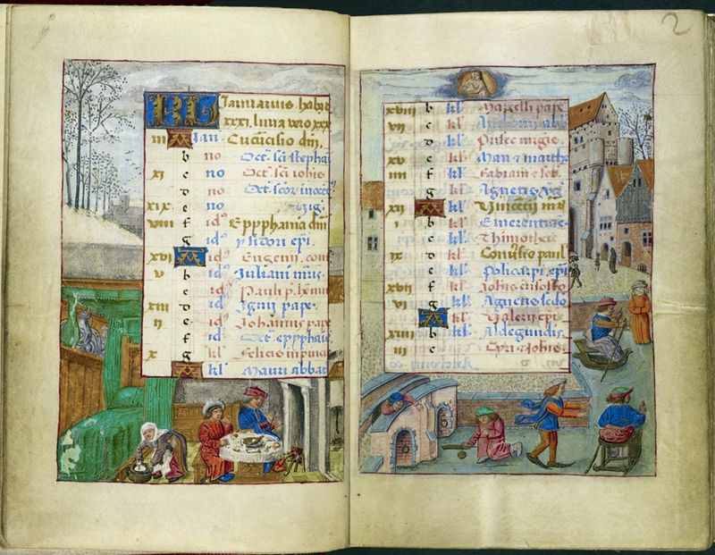 Calendar pages for January, Hours of Joanna of Castile, Bruges, between 1496 and 1506, Additional 18852, ff. 1v-2. Photo: British Library