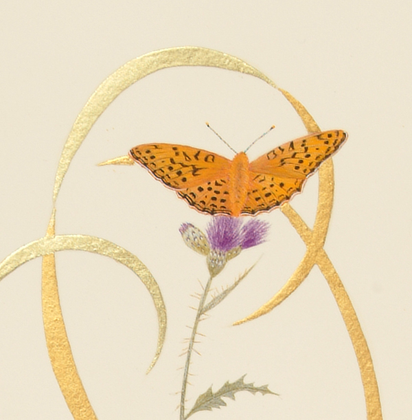 A painting of butterflies - Fritillaries Barkbooth lot gilding and egg tempera by traditional artist Toni Watts