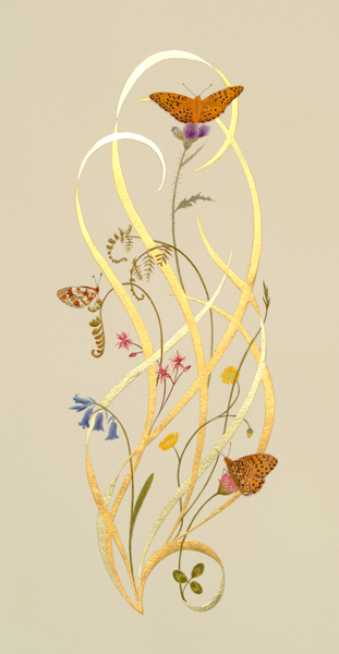 A painting of butterflies at Barkbooth Lot, egg tempera and gold leaf by traditional artist Toni Watts 